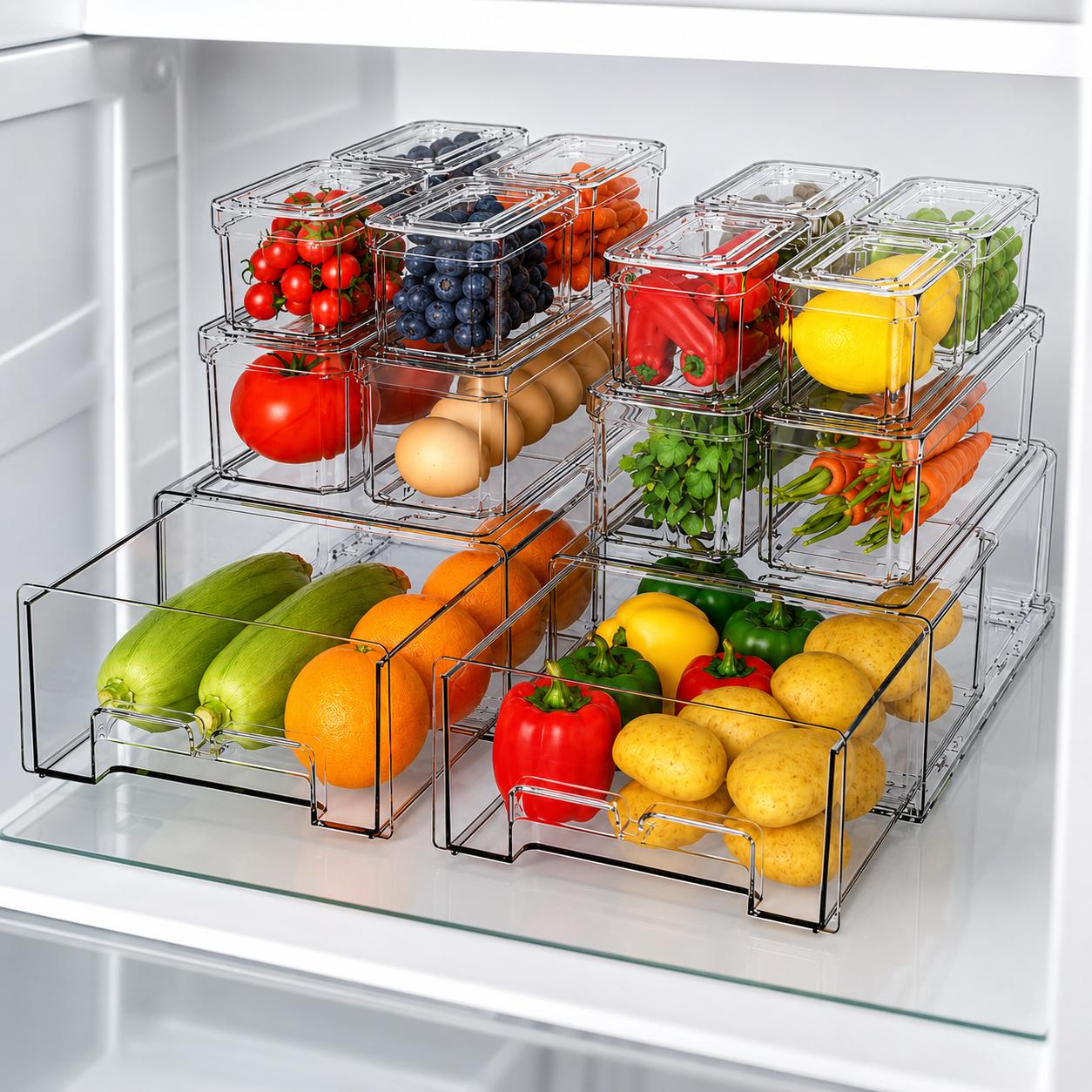 Food Storage Without Pantry - Contenedores Organizadores Apilables para Refrigerador con